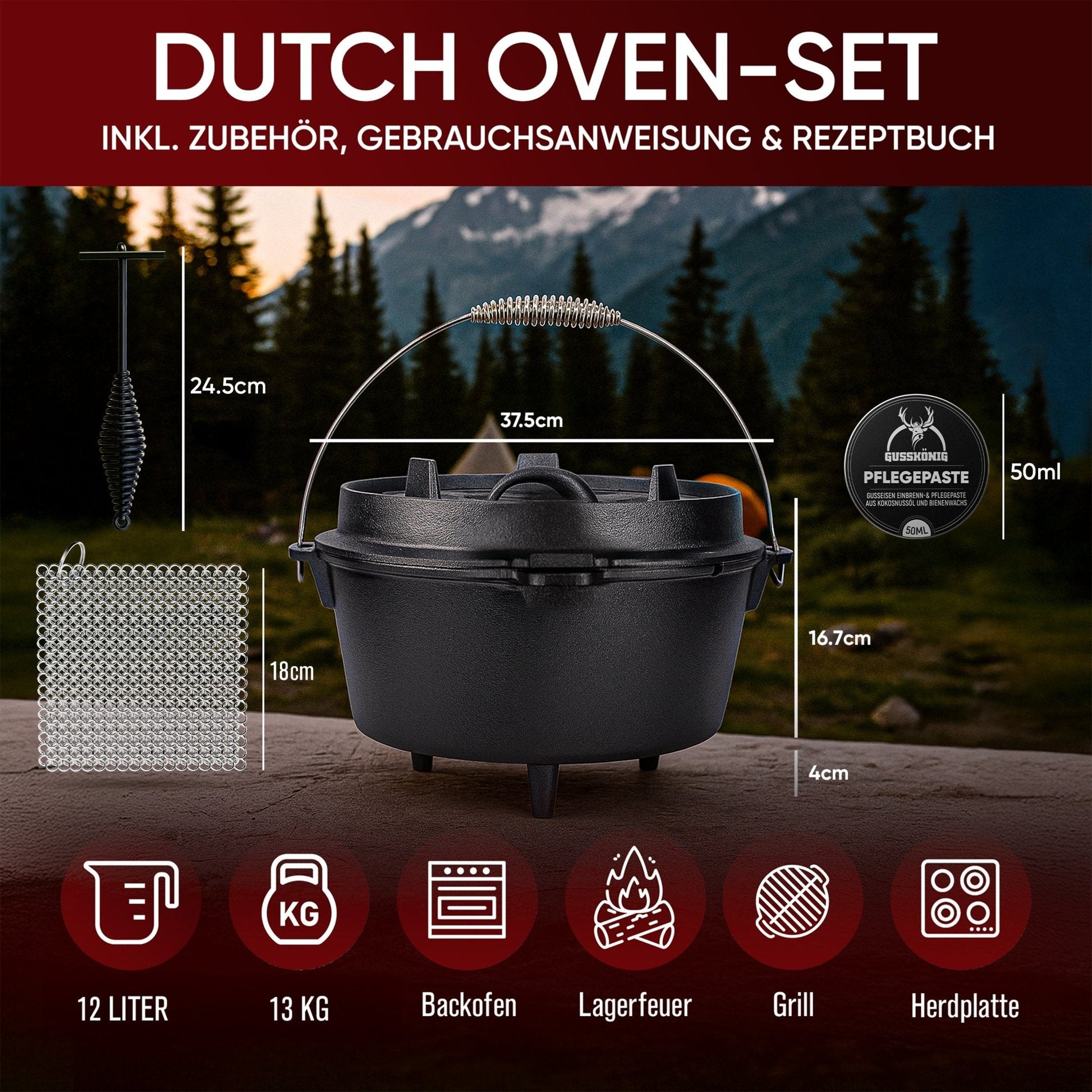 Dutch Oven KlassischMit Füßen+PflegepasteGusskönig