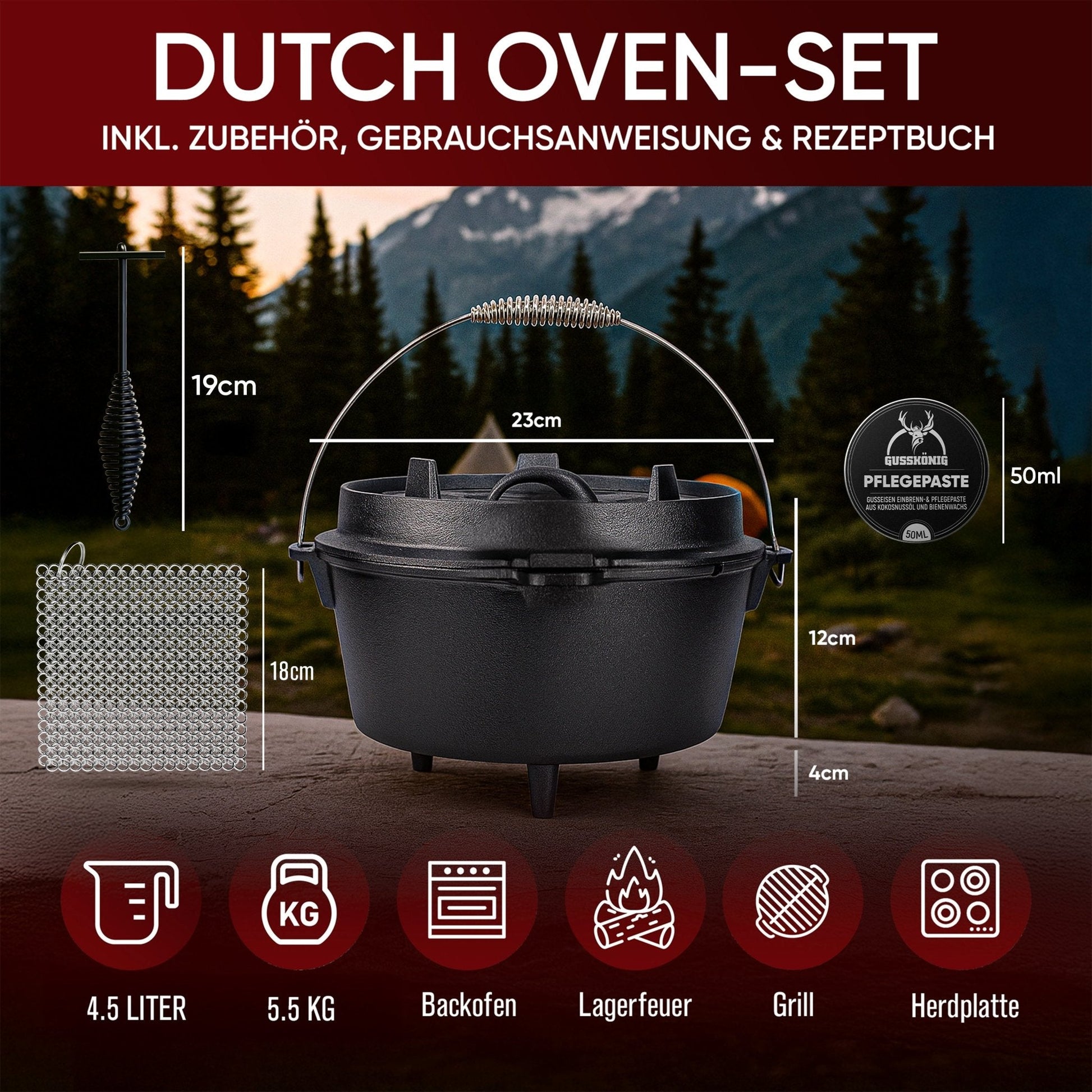Dutch Oven KlassischMit Füßen+PflegepasteGusskönig
