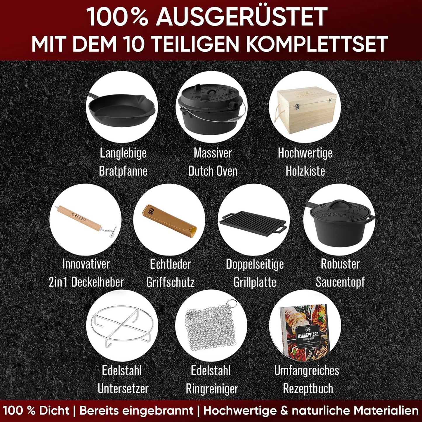 Gusseisen Topf - Set – Ideal zum Braten, Grillen & Schmoren10er SetGusskönig